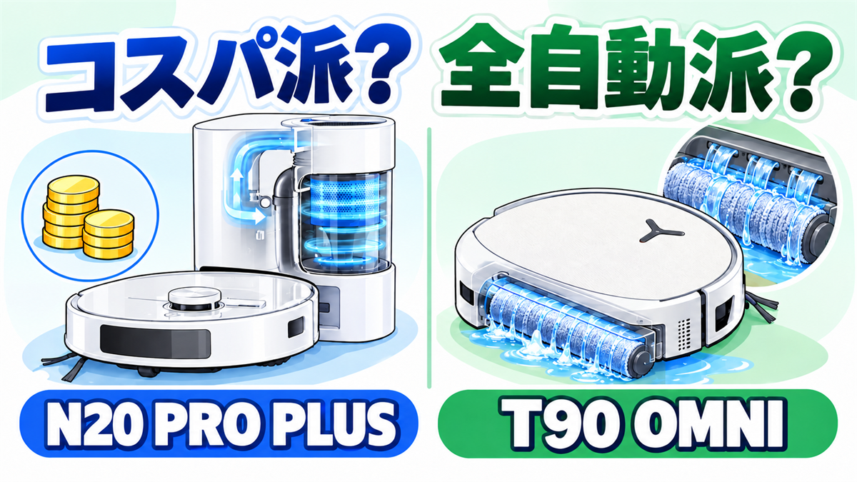 DEEBOT N20 PRO PLUSの紙パック不要サイクロンとT90 OMNIの全自動ローラーモップを比較した結論画像