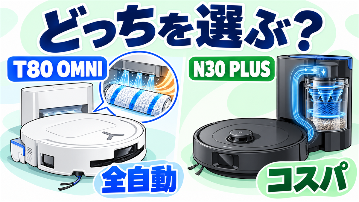 T80 OMNIの全自動モップ洗浄とN30 PLUSの紙パック不要サイクロンを比較した結論画像