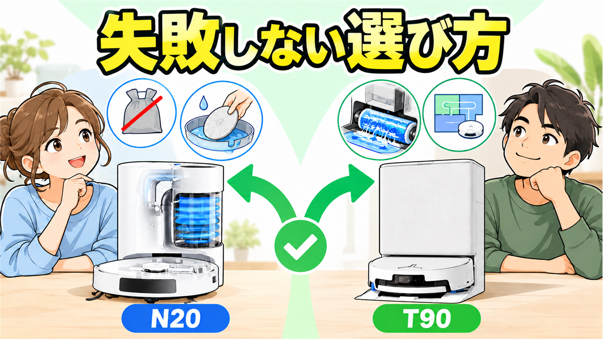 DEEBOT N20 PRO PLUSの低コスト運用とT90 OMNIの全自動清掃から選び方を示した画像