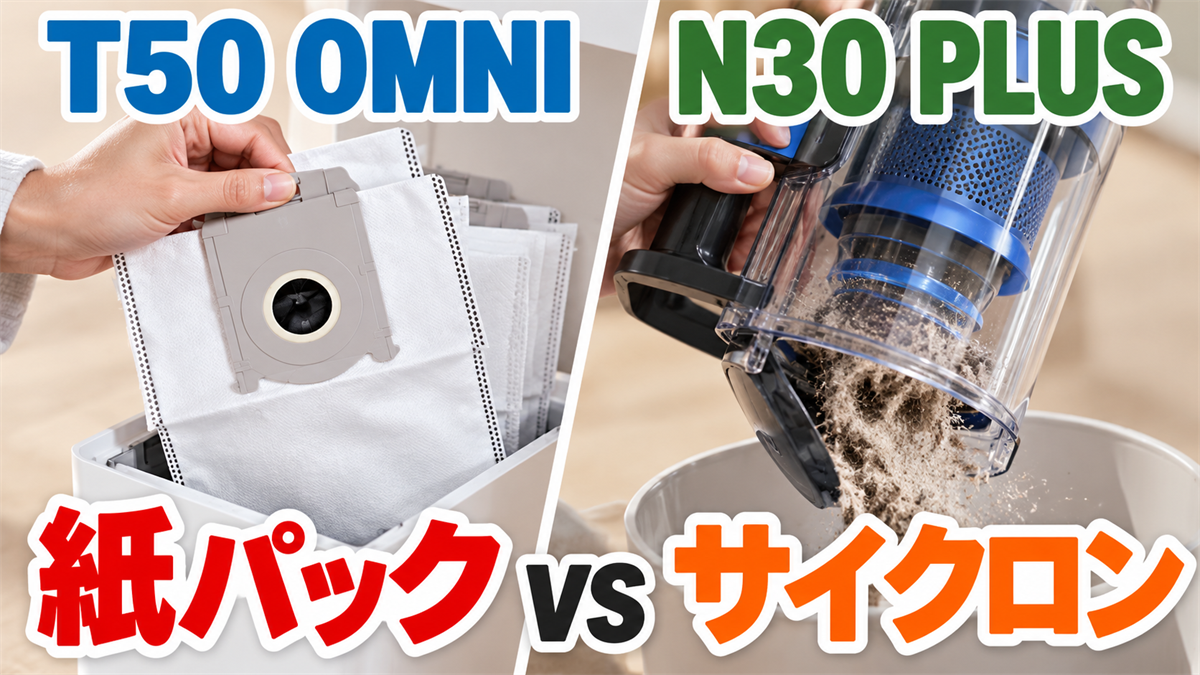 DEEBOT T50 OMNIの紙パック式とN30 PLUSのサイクロン式集塵を比較する画像