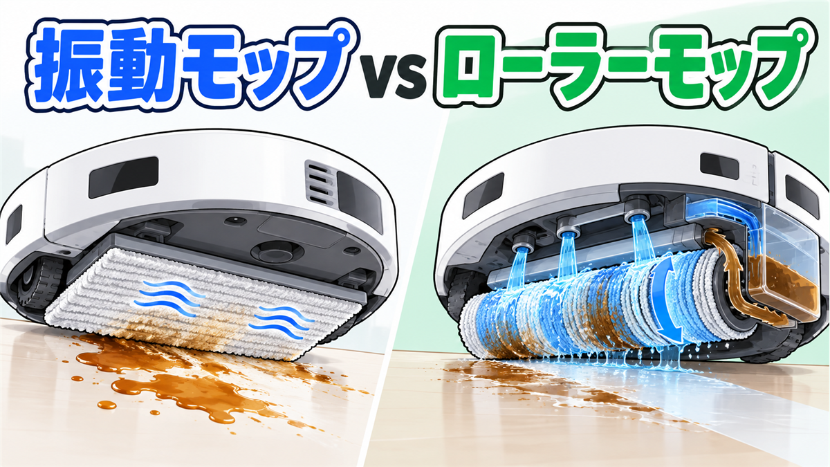 DEEBOT N20 PRO PLUSの振動モップとT90 OMNIのローラーモップを比較した画像