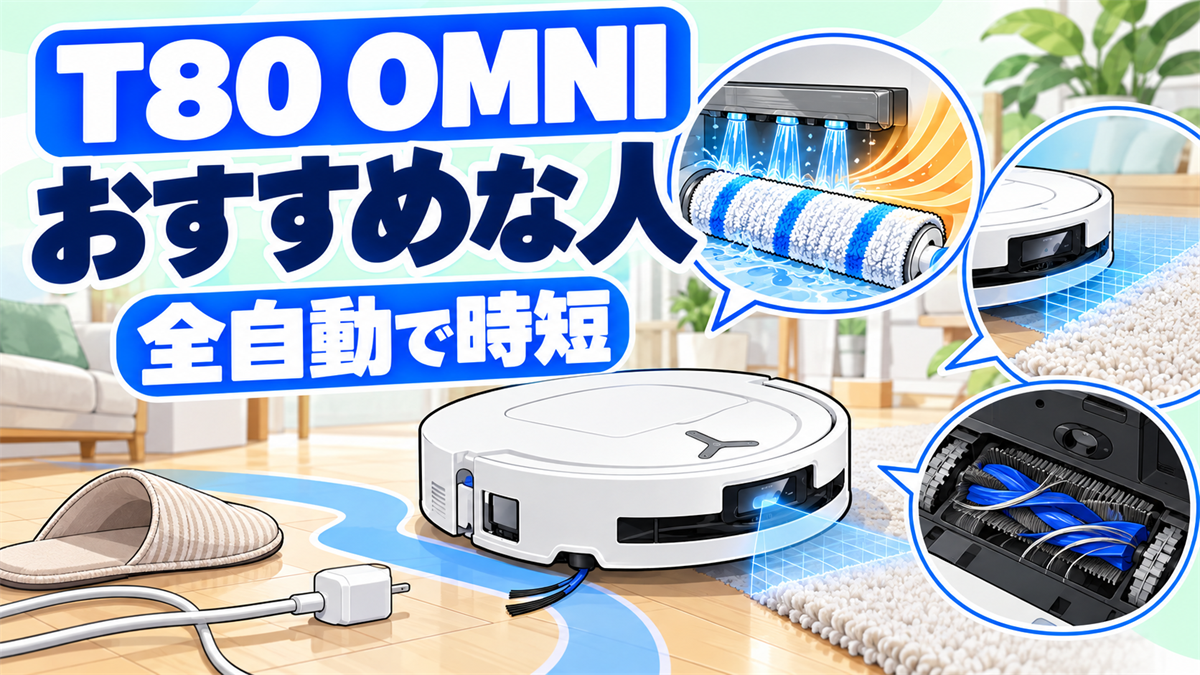 T80 OMNIのローラーモップ・AI障害物回避・カーペット対応・毛絡み防止ブラシを示したおすすめ画像