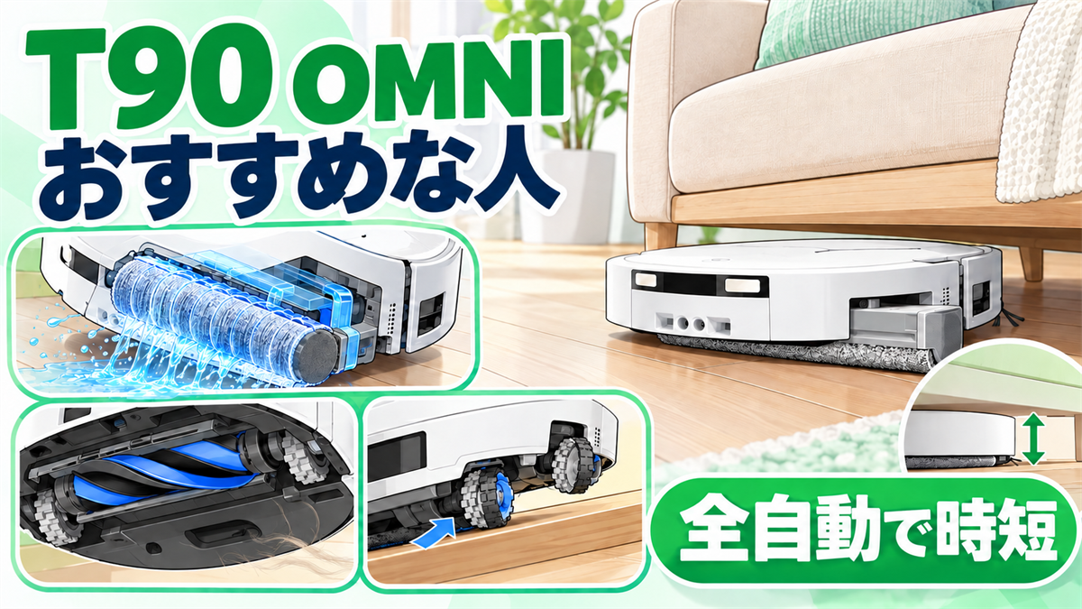 DEEBOT T90 OMNIのローラーモップ、毛絡み防止ブラシ、4WD、薄型走行を示したおすすめ画像
