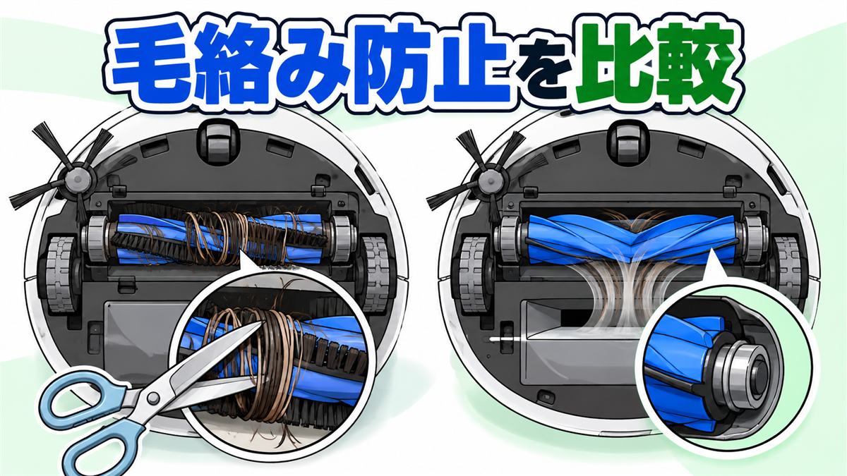 DEEBOT N20 PRO PLUSの通常ブラシとT90 OMNIの毛絡み防止ブラシを比較した画像
