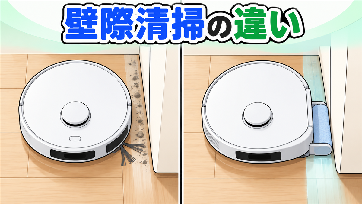 DEEBOT N20 PRO PLUSの通常清掃とT90 OMNIの壁際ローラーモップ清掃を比較した画像