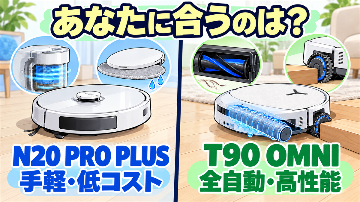 DEEBOT N20 PRO PLUSの手軽さ・低コストとT90 OMNIの全自動・高性能を比較したまとめ画像
