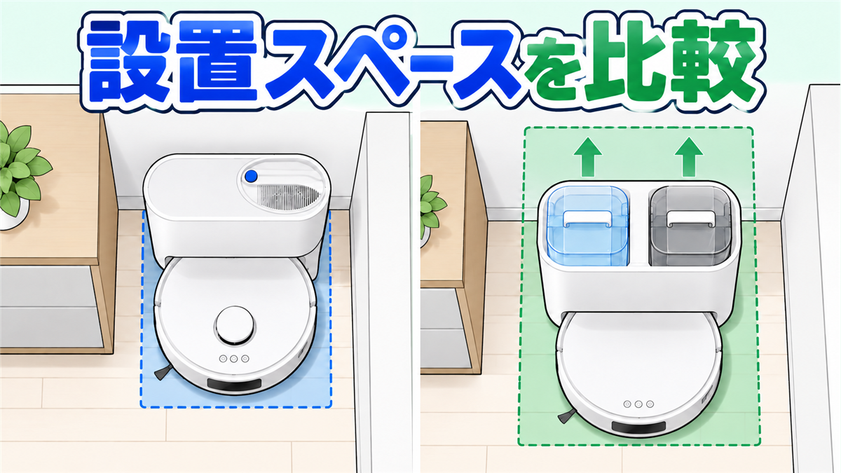 DEEBOT N20 PRO PLUSの省スペース設置とT90 OMNIの大型水タンク設置を比較した画像