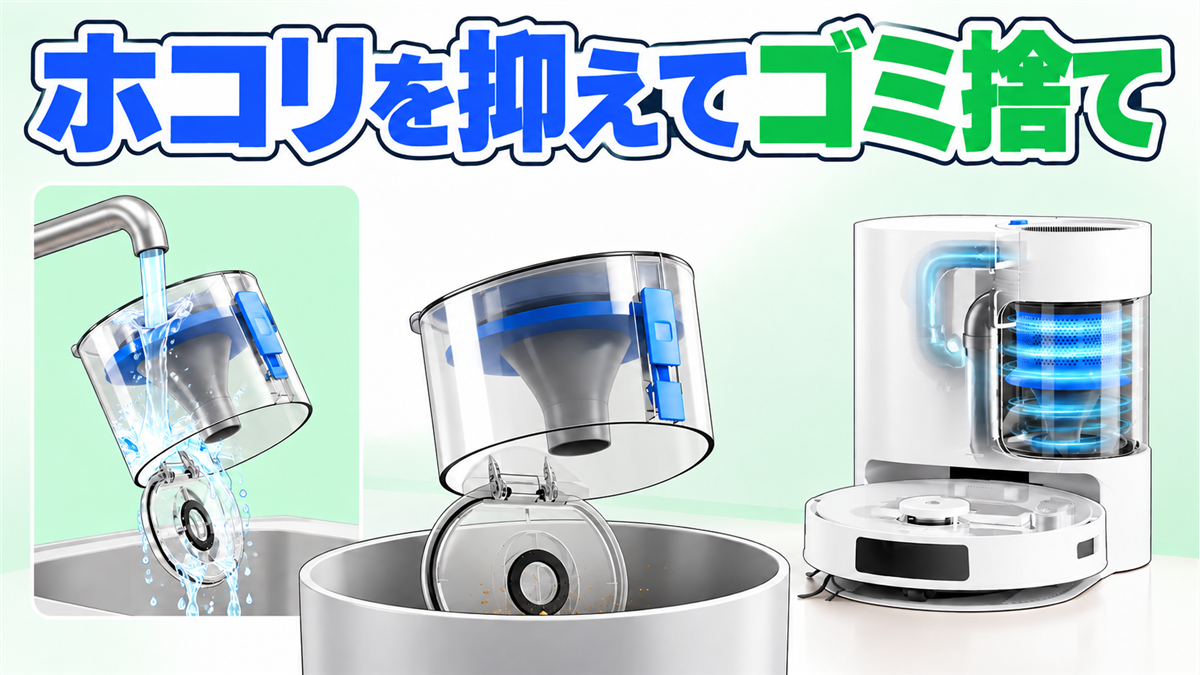 DEEBOT N20 PRO PLUSのサイクロンダストカップをゴミ箱の奥で開けてホコリを抑える方法の画像