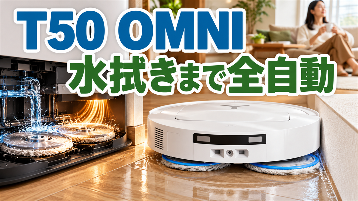 DEEBOT T50 OMNIのモップ洗浄と乾燥まで全自動で行う機能を示す画像