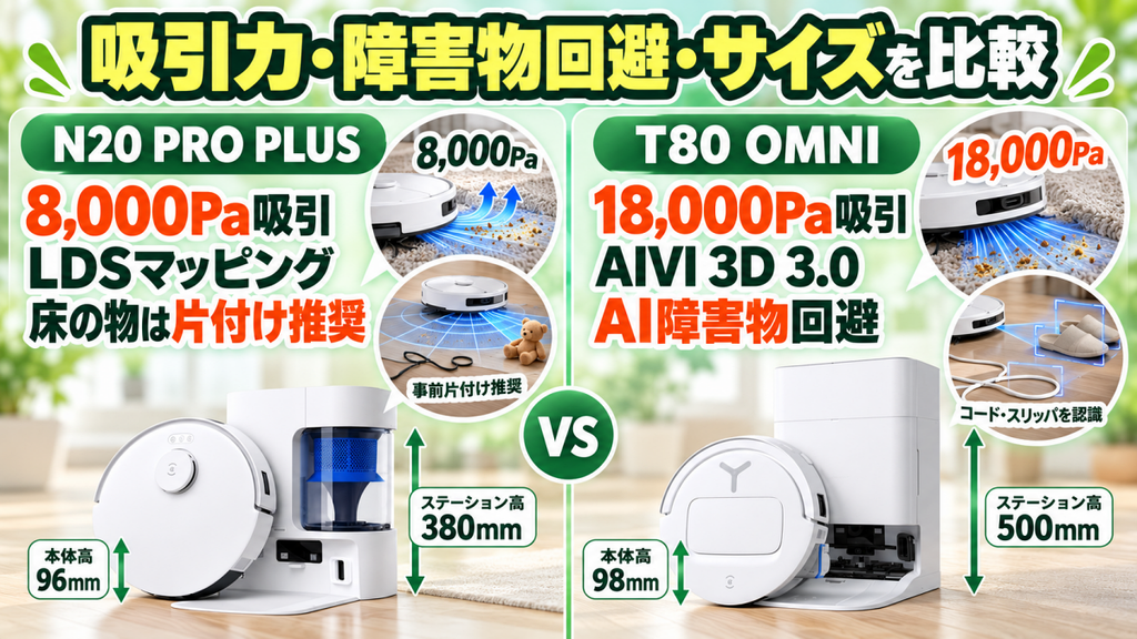 【違い3】DEEBOT N20 PRO PLUSとT80 OMNIの吸引力・障害物回避・サイズを比較