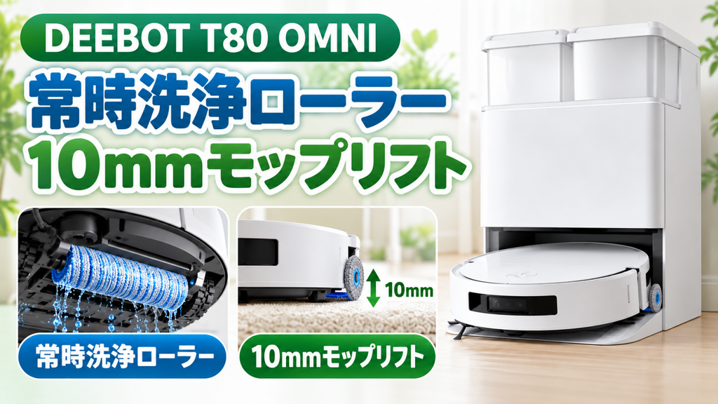 DEEBOT T80 OMNI:常時洗浄ローラー(OZMO Roller)と10mmモップリフト
