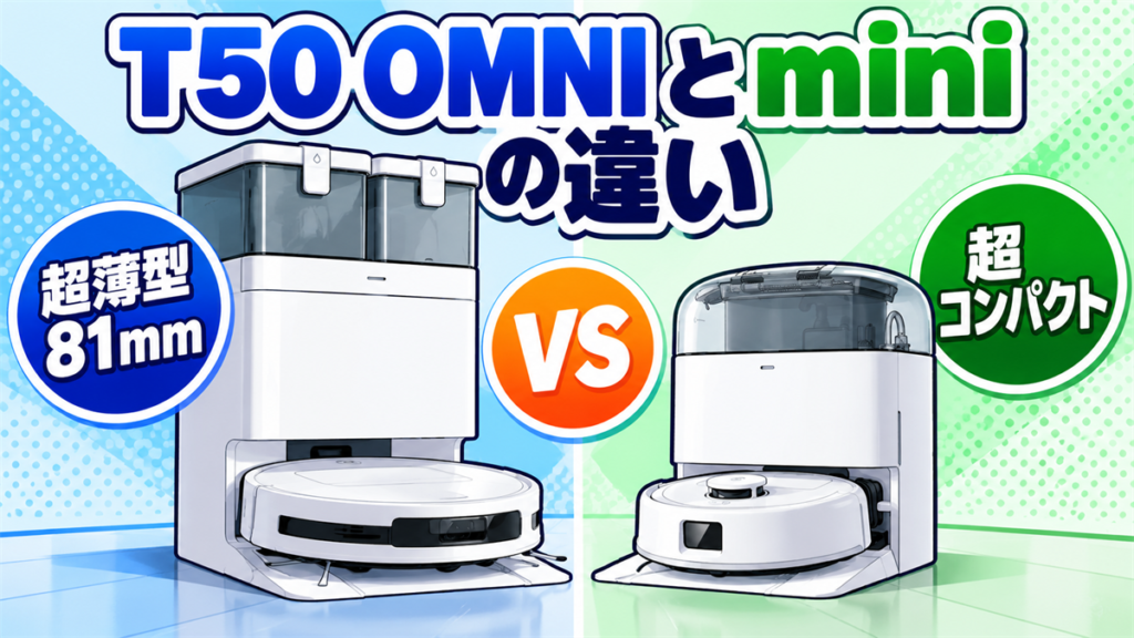 DEEBOT T50 OMNIの超薄型81mmとDEEBOT miniのコンパクト設計を比較したマンガ風アイキャッチ画像