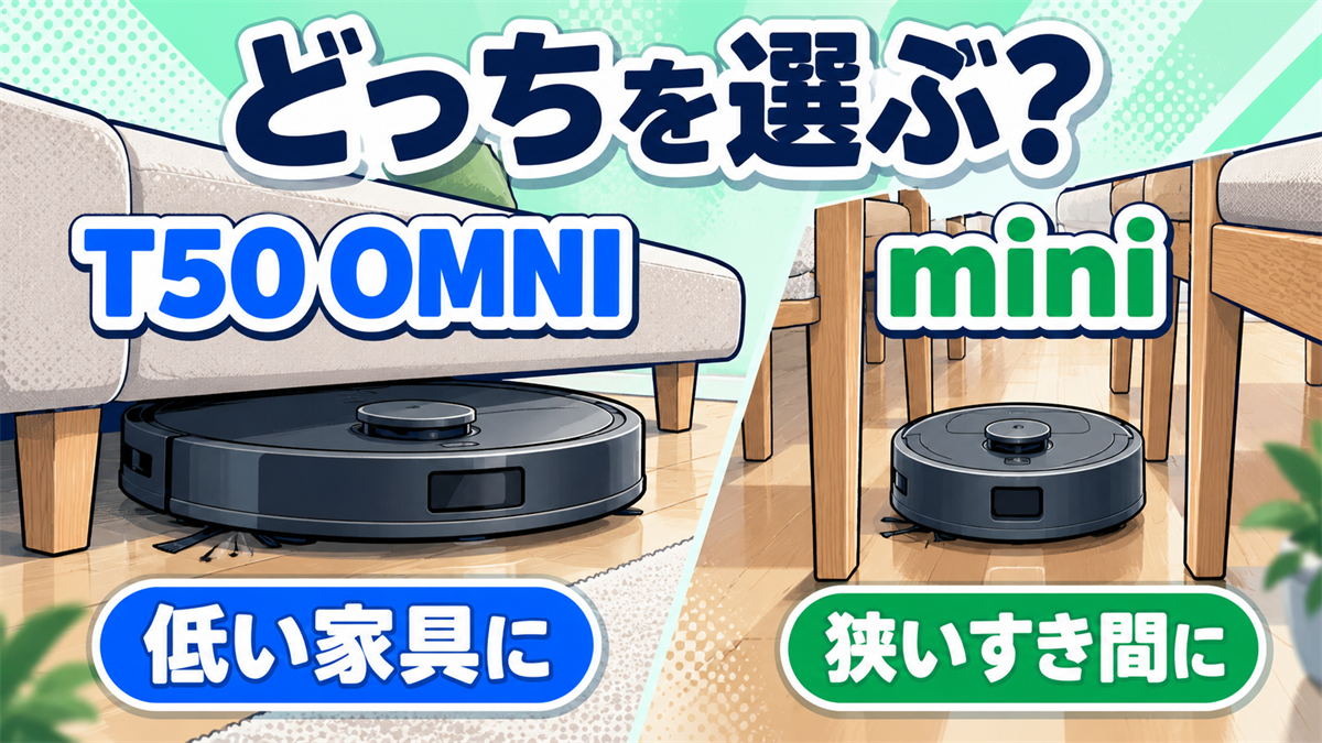 DEEBOT T50 OMNIの薄型走行とDEEBOT miniの狭い隙間への小回りを比較した選び方画像