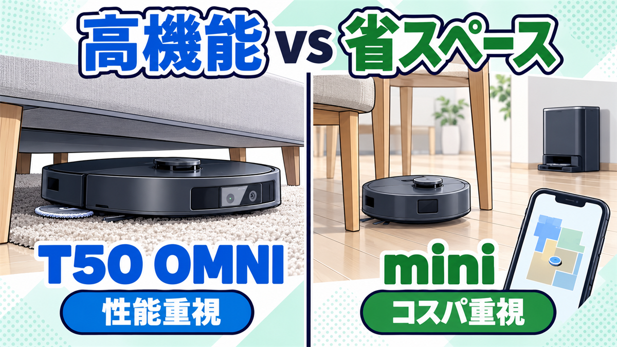 高機能重視のT50 OMNIと省スペース・コスパ重視のDEEBOT miniをまとめた選び方画像